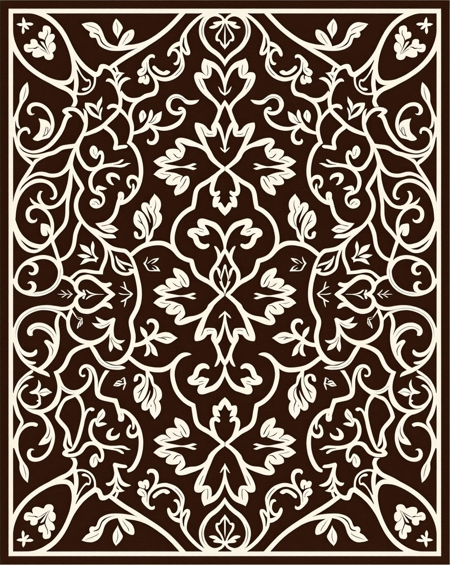 Ornate Brown Cream Leafy Scrollwork Rug