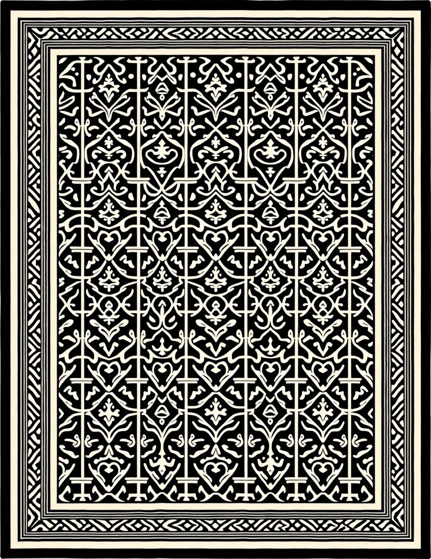 Intricate Black White Ornamental Rug
