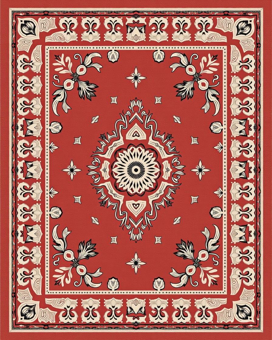 Red Scroll Patterned Decorative Rug