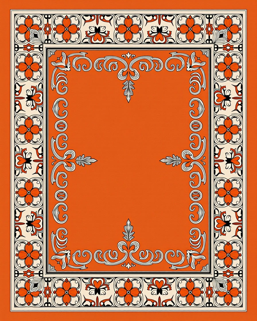 Orange Floral Bordered Rococo Rug