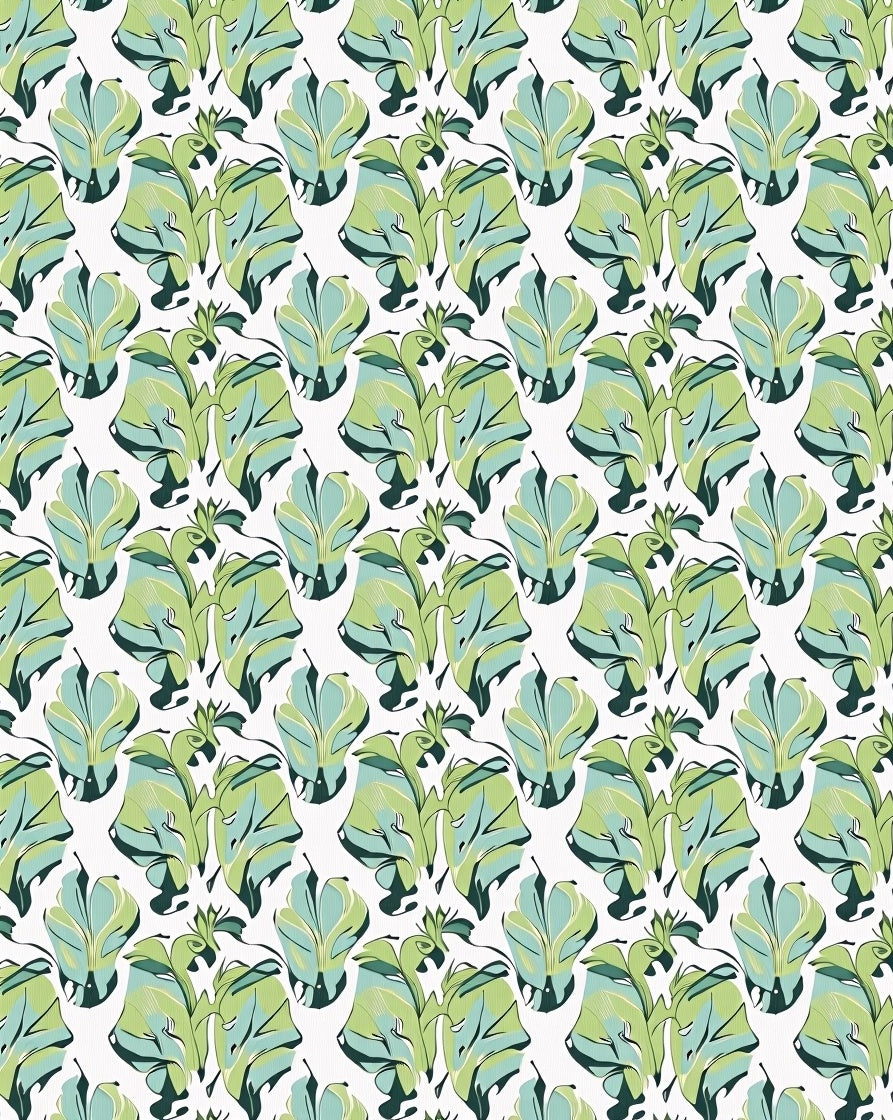 Tropical Leaf Patterned Green and Aqua Rug