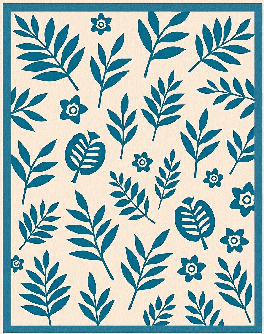 Teal Leafy Floral Pattern Rug