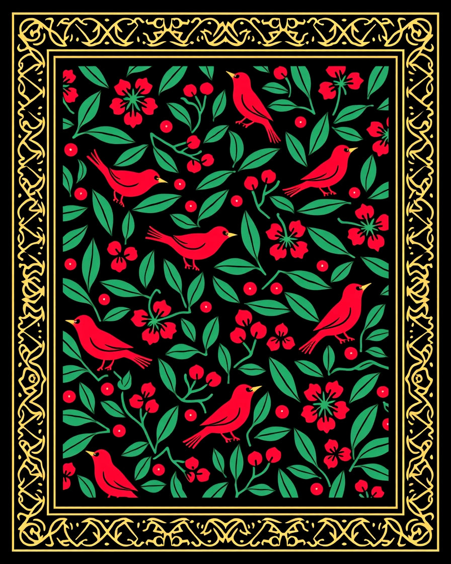 Red Birds with Red Flowers Black Background Rug