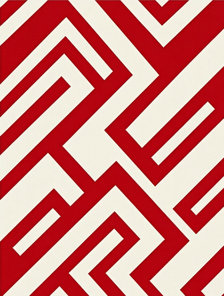 Bold Red White Geometric Maze Pattern Rug