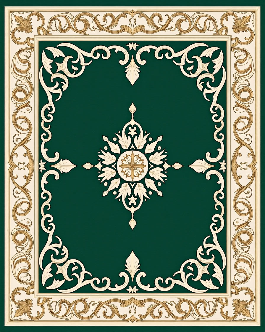 Elegant Green Cream Gold Scroll Rug