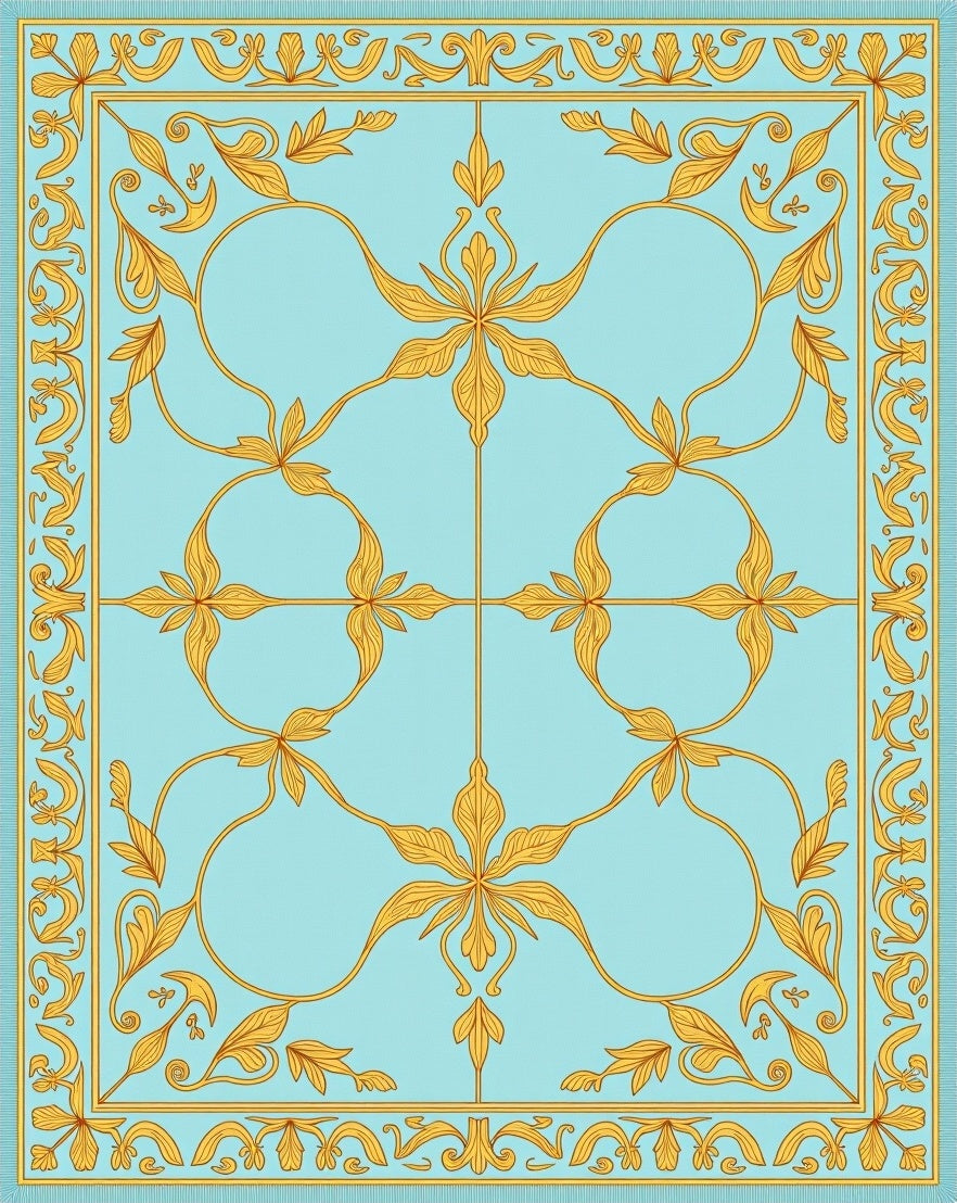 Aqua and Gold Floral Scroll Rug