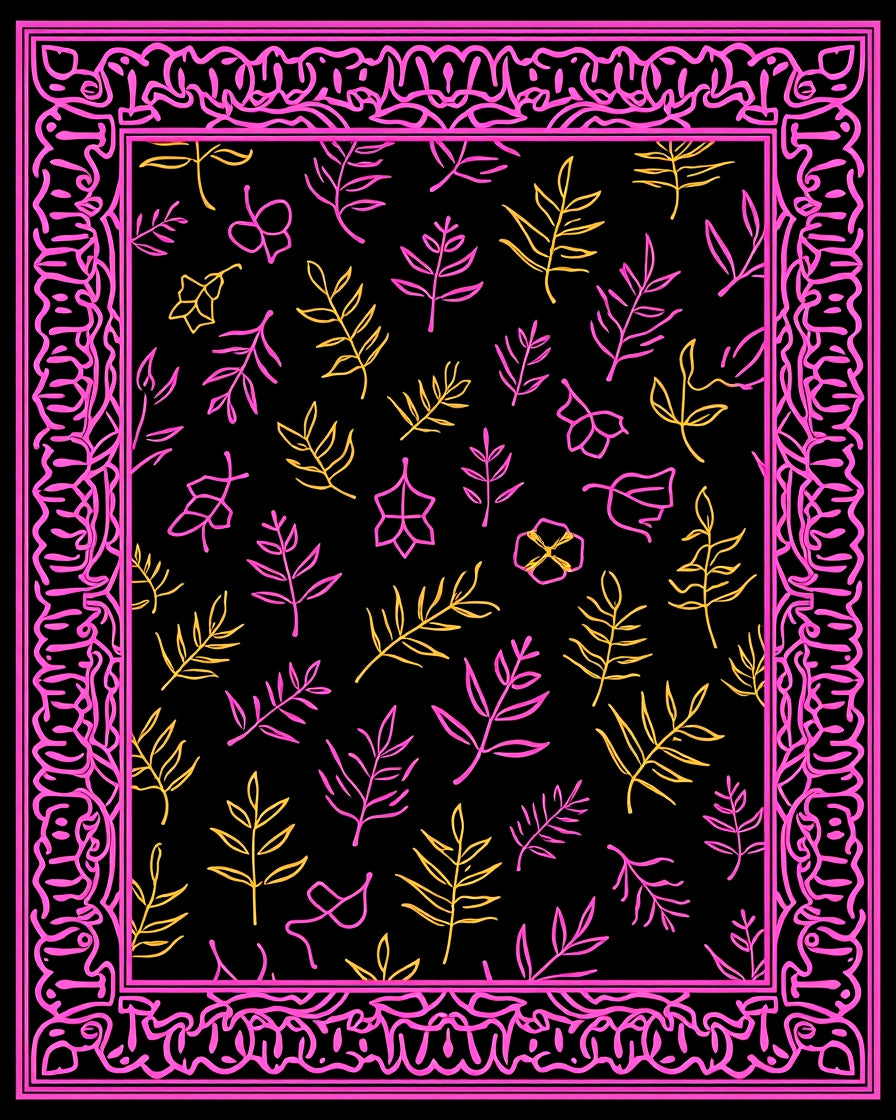 Pink Yellow Leafy Border Rug