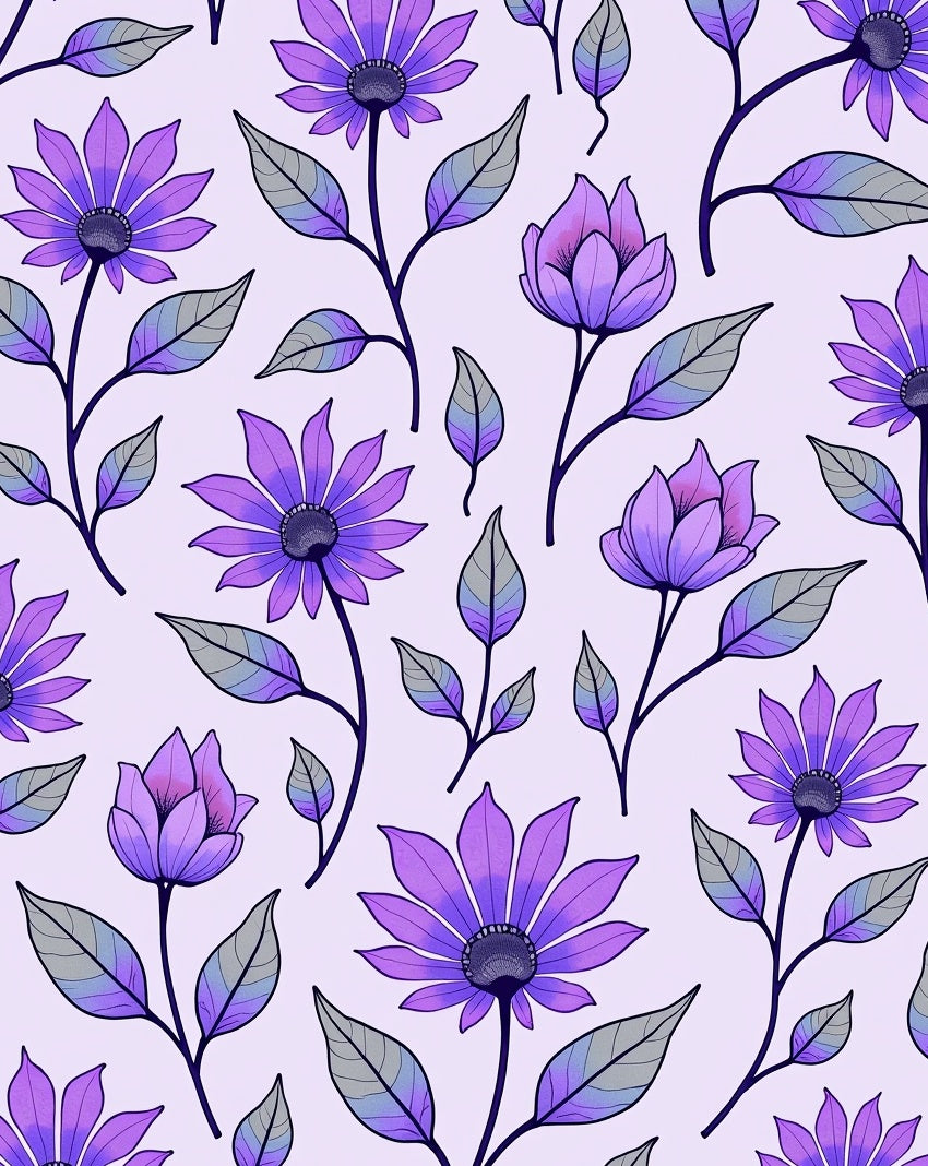 Purple Floral Pattern with Outline Rug