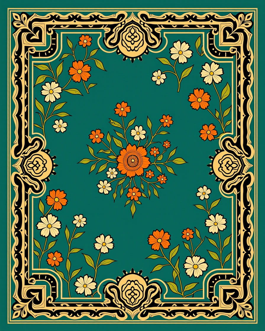 Orange and White Flower Bordered Design Rug