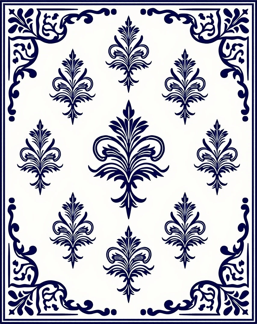 Classic Blue White Damask Floral Design Rug