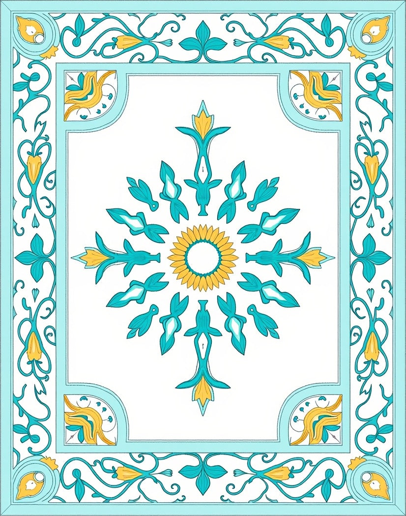 Aqua Yellow Floral Mandala Design Rug