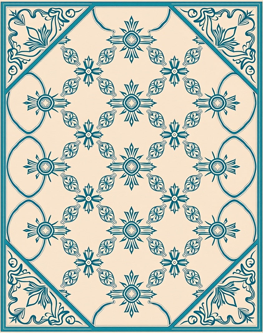Teal Floral Medallion Patterned Rug