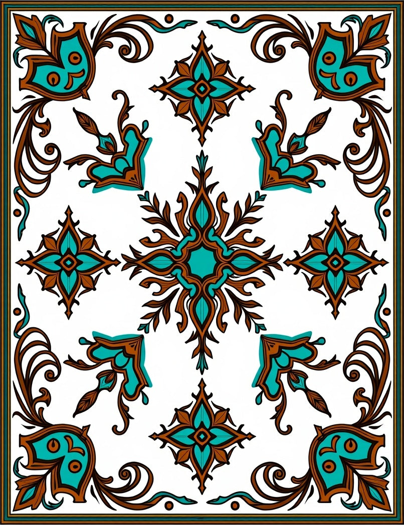 Ornate Teal Brown Floral Medallion Pattern Rug