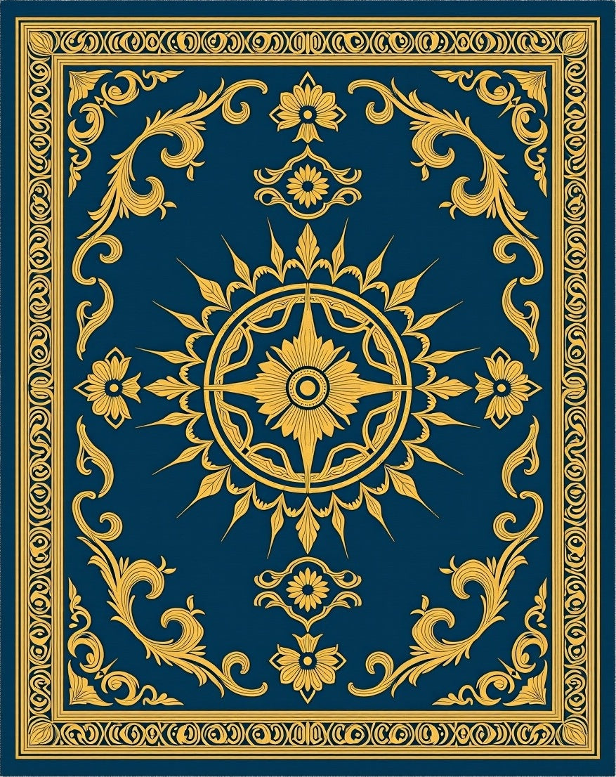 Ornate Floral Medallion Border Design Rug
