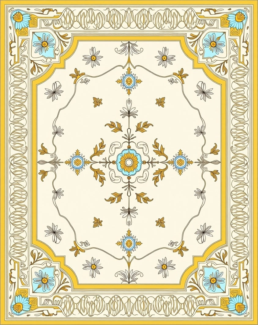 Ornate Floral Design With Yellow Border Rug