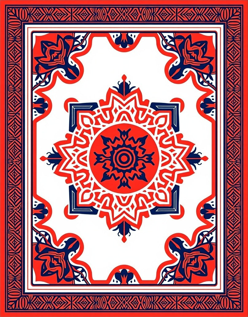 Bold Red Navy Floral Mandala Design Rug