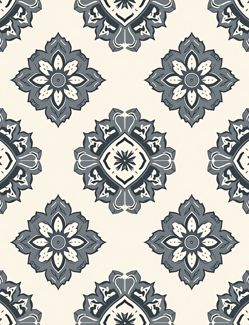 Ornate Gray Floral Medallion Pattern Rug