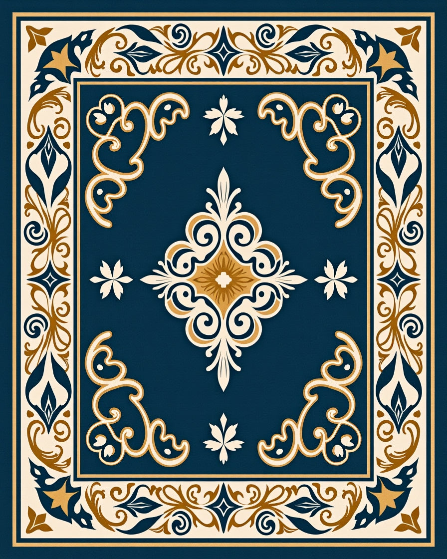 Ornate Blue Gold Scrollwork Rug