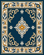 Ornate Blue Gold Scrollwork Rug