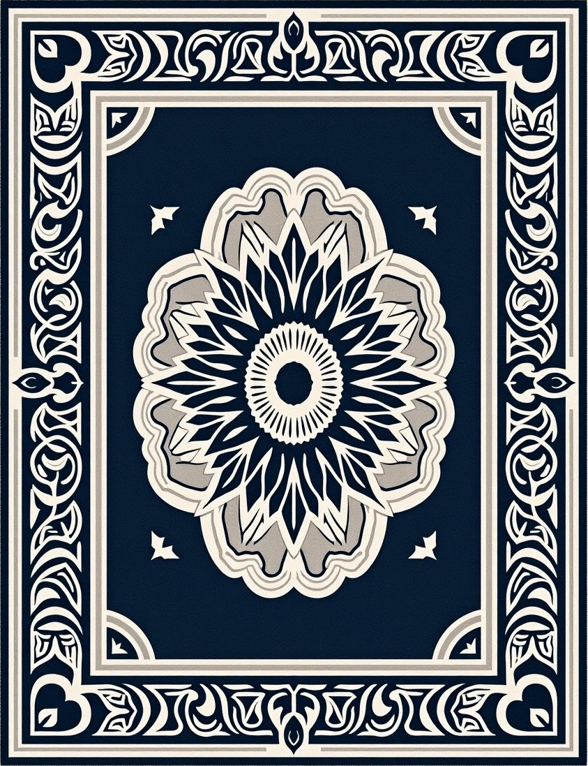Ornate Floral Mandala With Geometric Border Rug