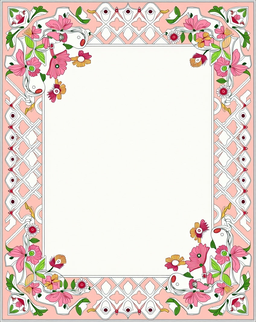 Pink Floral Whimsical Geometric Border Rug