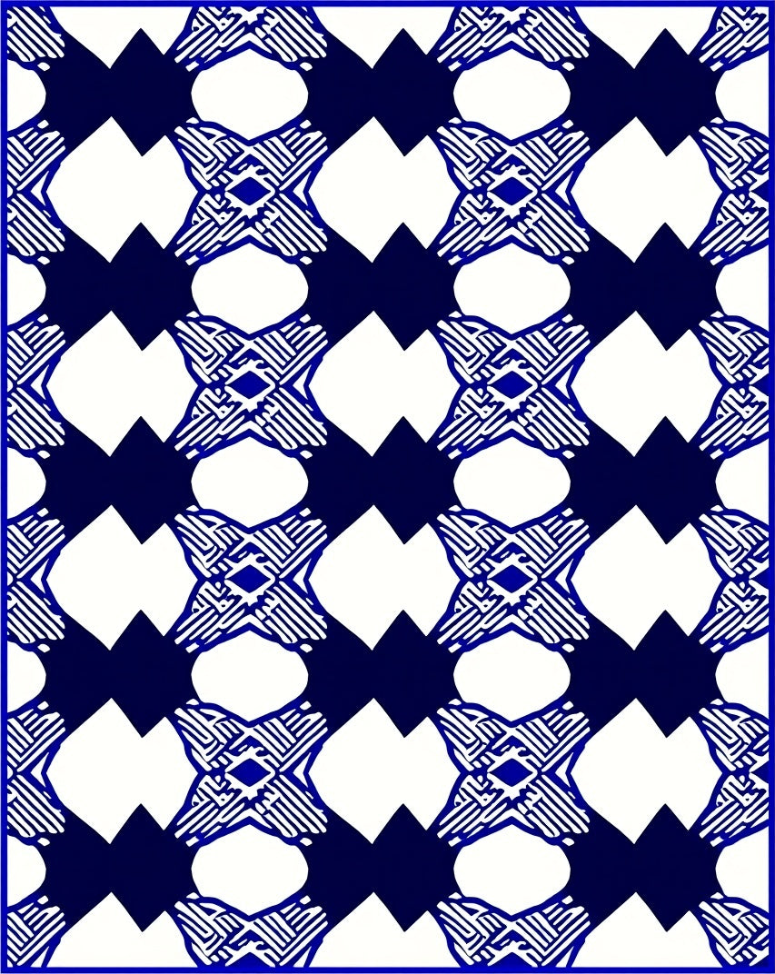 Blue White Interlocking Geometric Pattern Rug