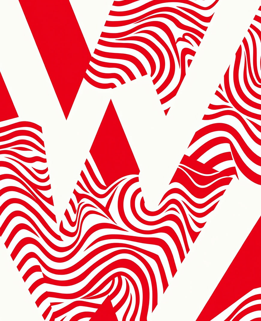 Abstract Red White Wavy Geometric Pattern Rug