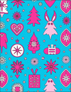 Bright Pink Festive Christmas Elements on Blue Rug