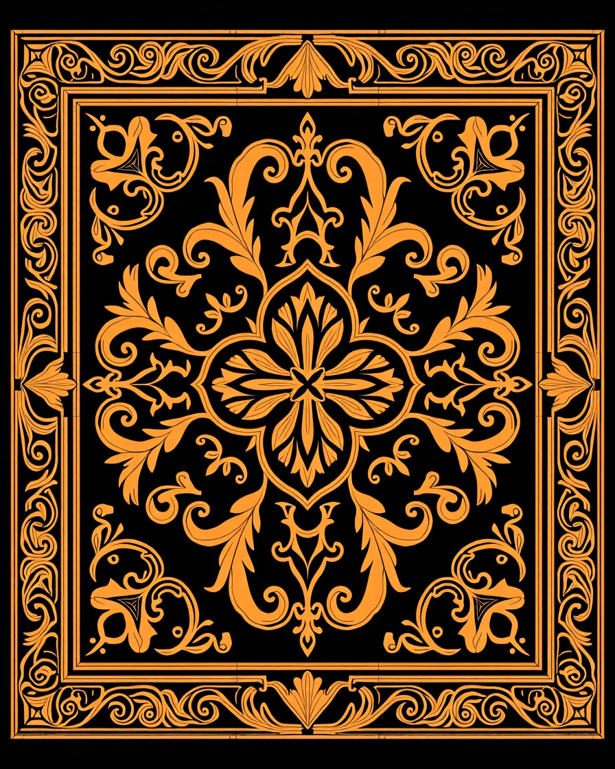 Ornate Black Gold Floral Pattern Rug