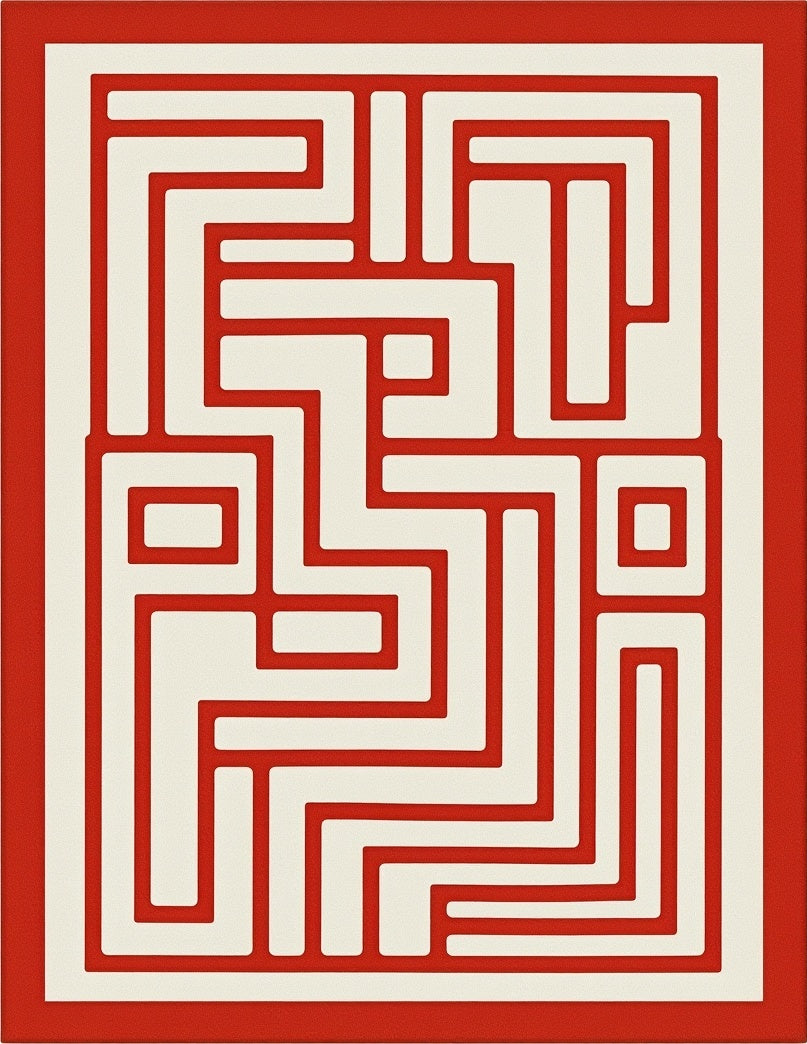 Red White Geometric Maze Pattern Rug