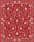 Vibrant Red White Floral Vine Scroll Rug