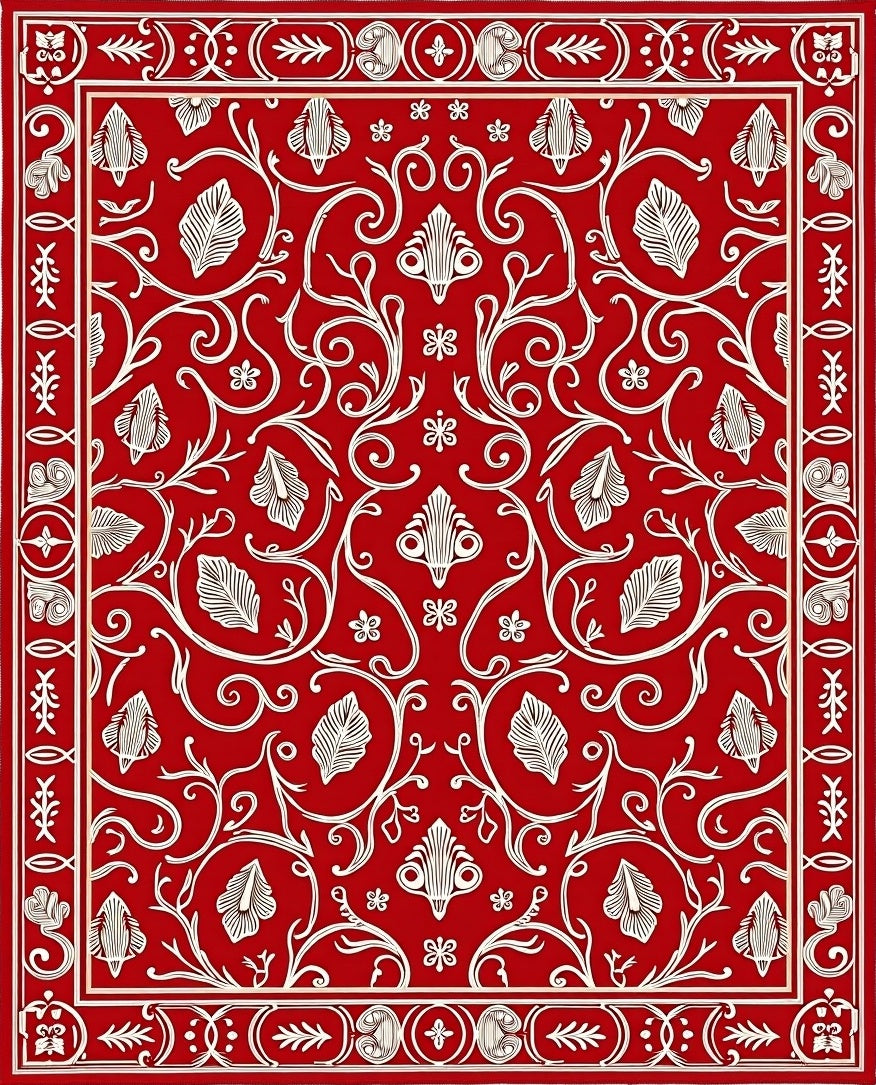 Vibrant Red White Floral Vine Scroll Rug