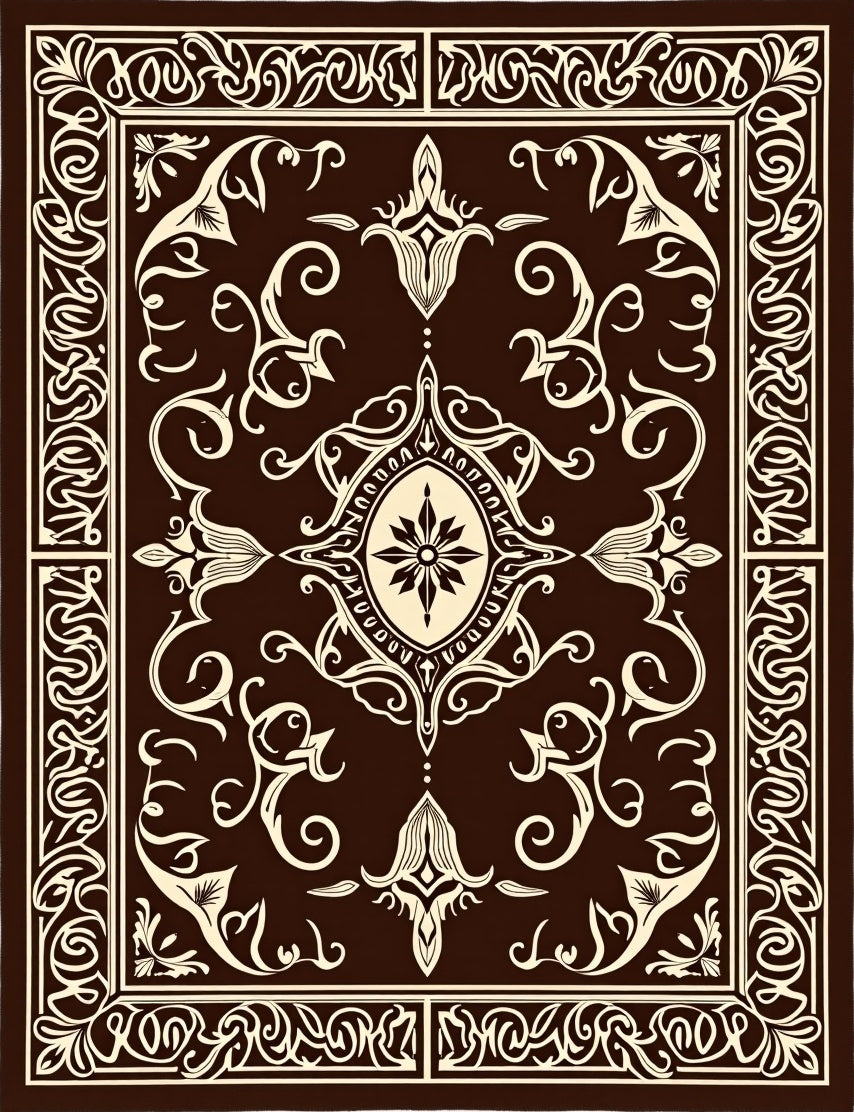 Dark Ochre Floral Scroll Pattern Rug