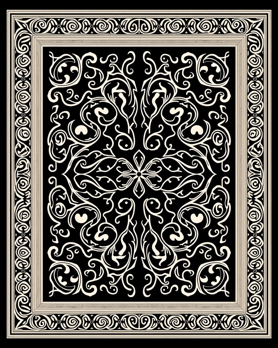 Ornate Black Cream Scrollwork Design Rug