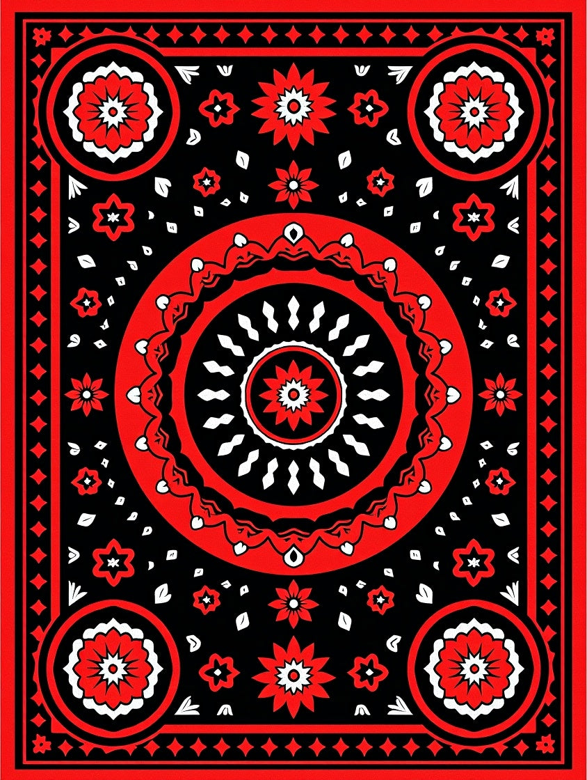 Bold Red Floral Mandala Pattern Rug