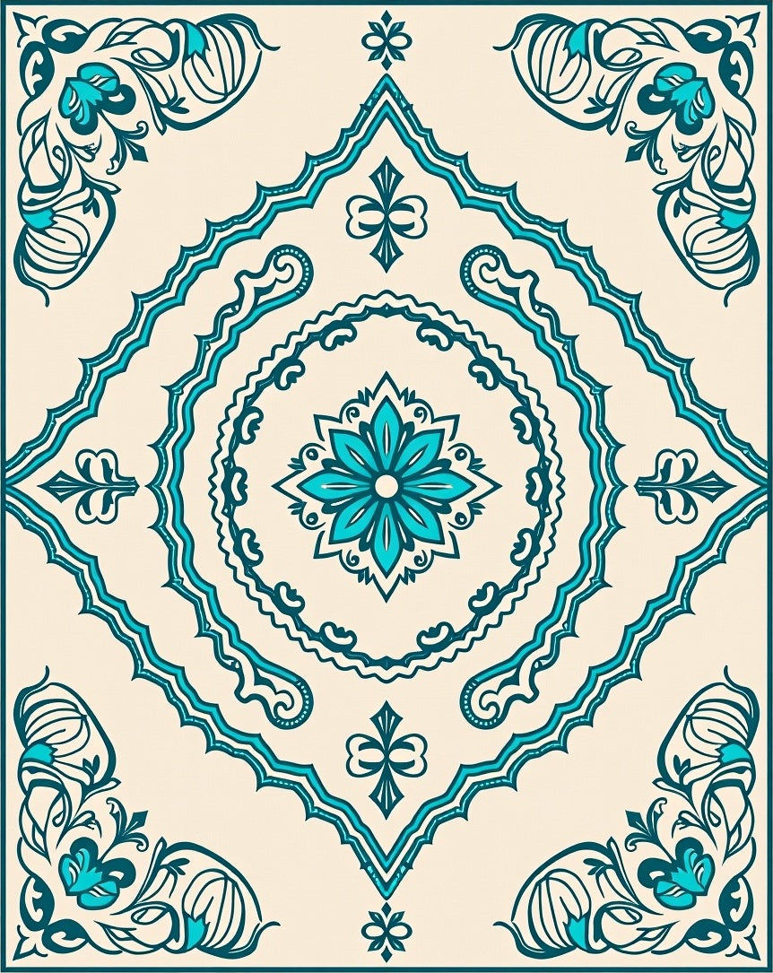 Teal Floral Medallion Traditional Pattern Rug