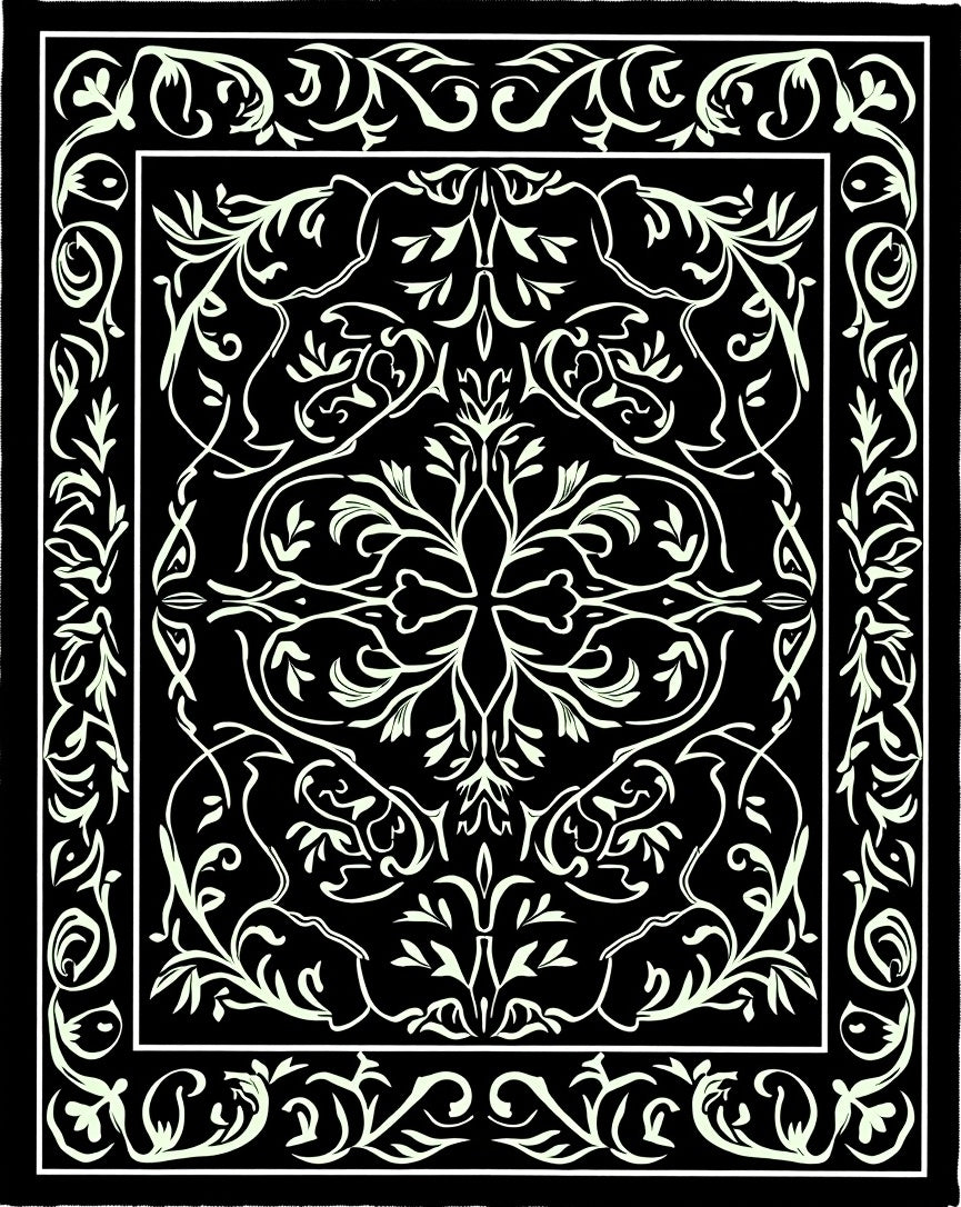 Black White Detailed Floral Pattern Rug