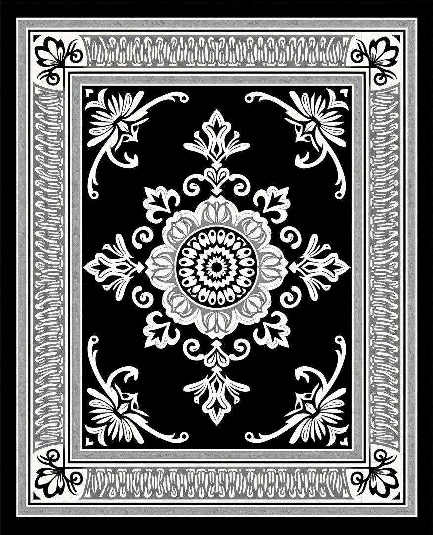 Classic Black White Floral Medallion Rug