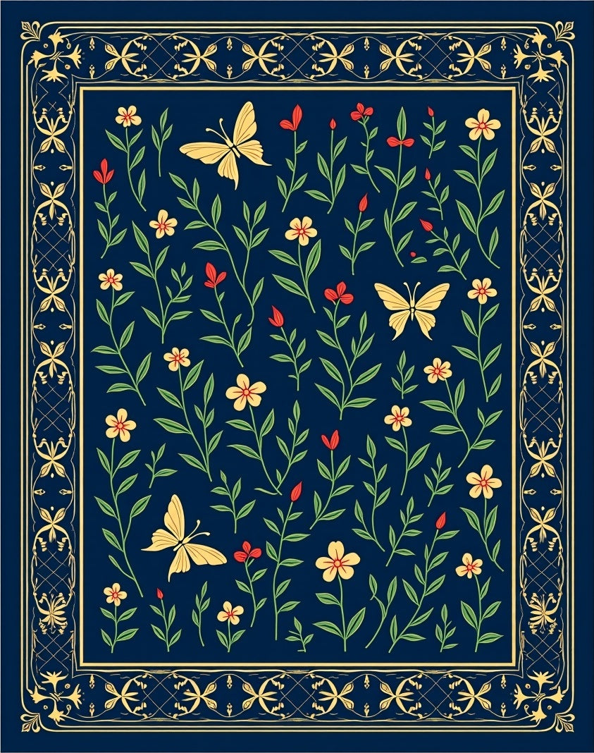 Elegant Floral Butterfly Patterned Rug