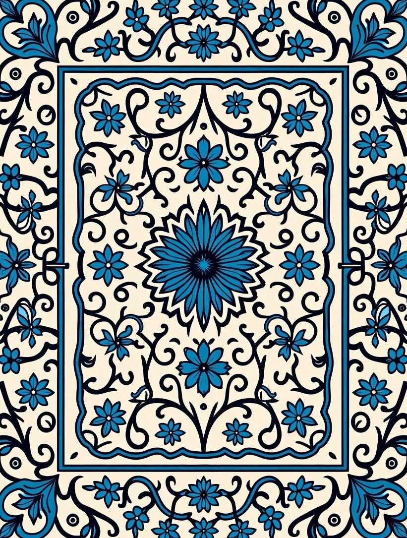 Intricate Blue Floral Cream Scrollwork Design Rug