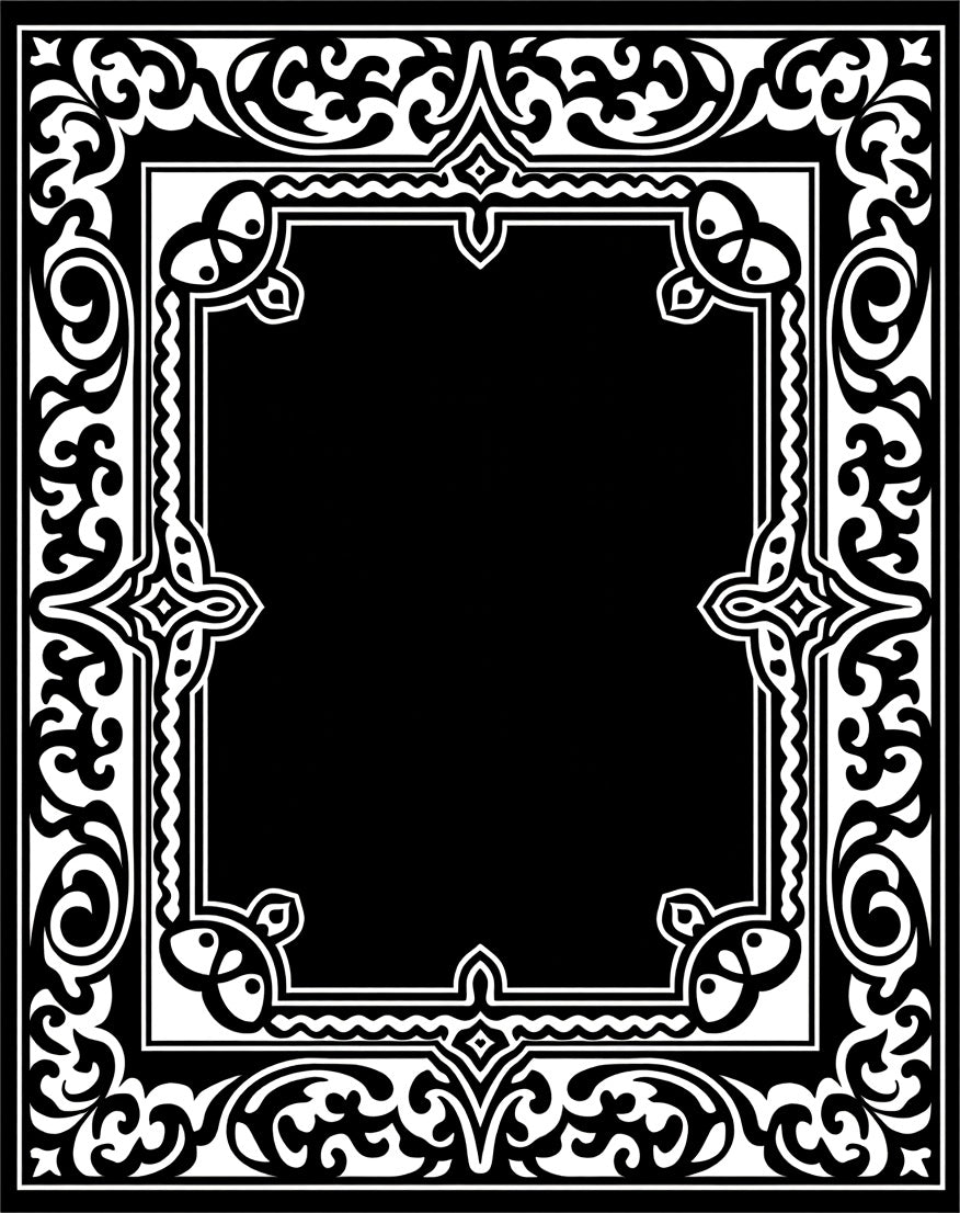 Ornate Black White Scrollwork Frame Rug