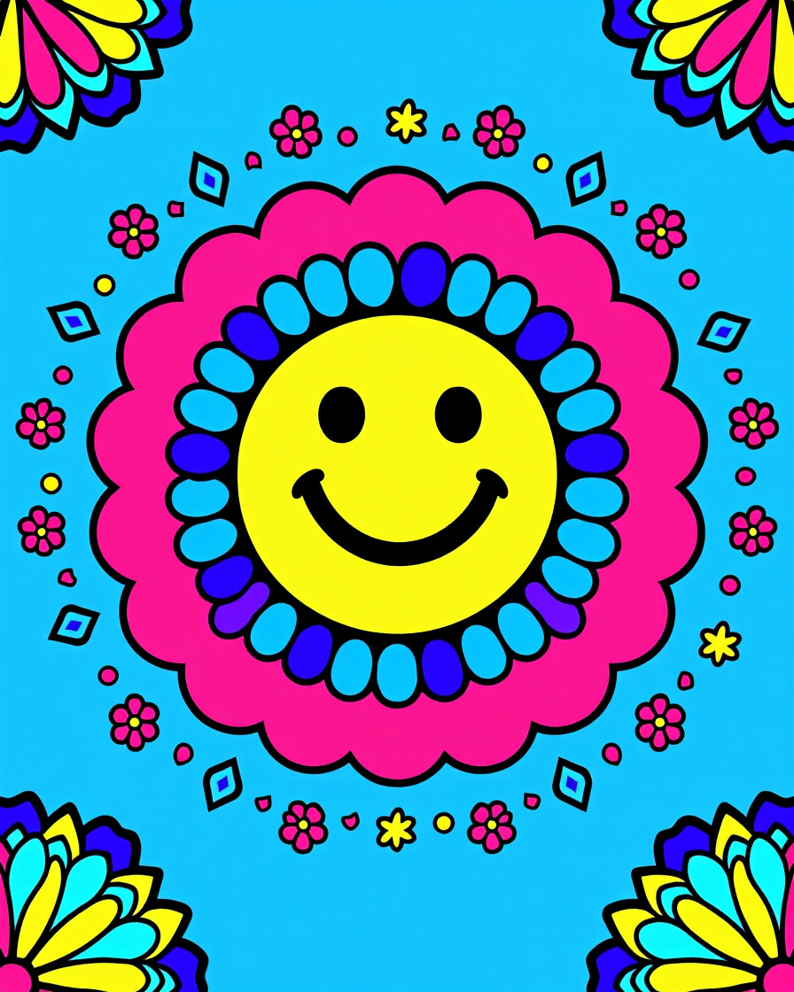 Groovy Smiley Flower Geometric Design Rug