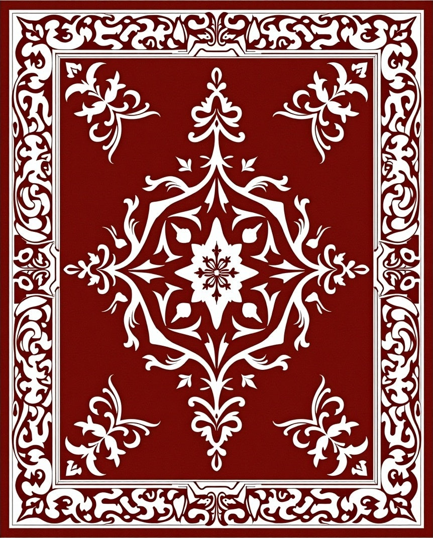 Red White Elaborate Floral Border Design Rug