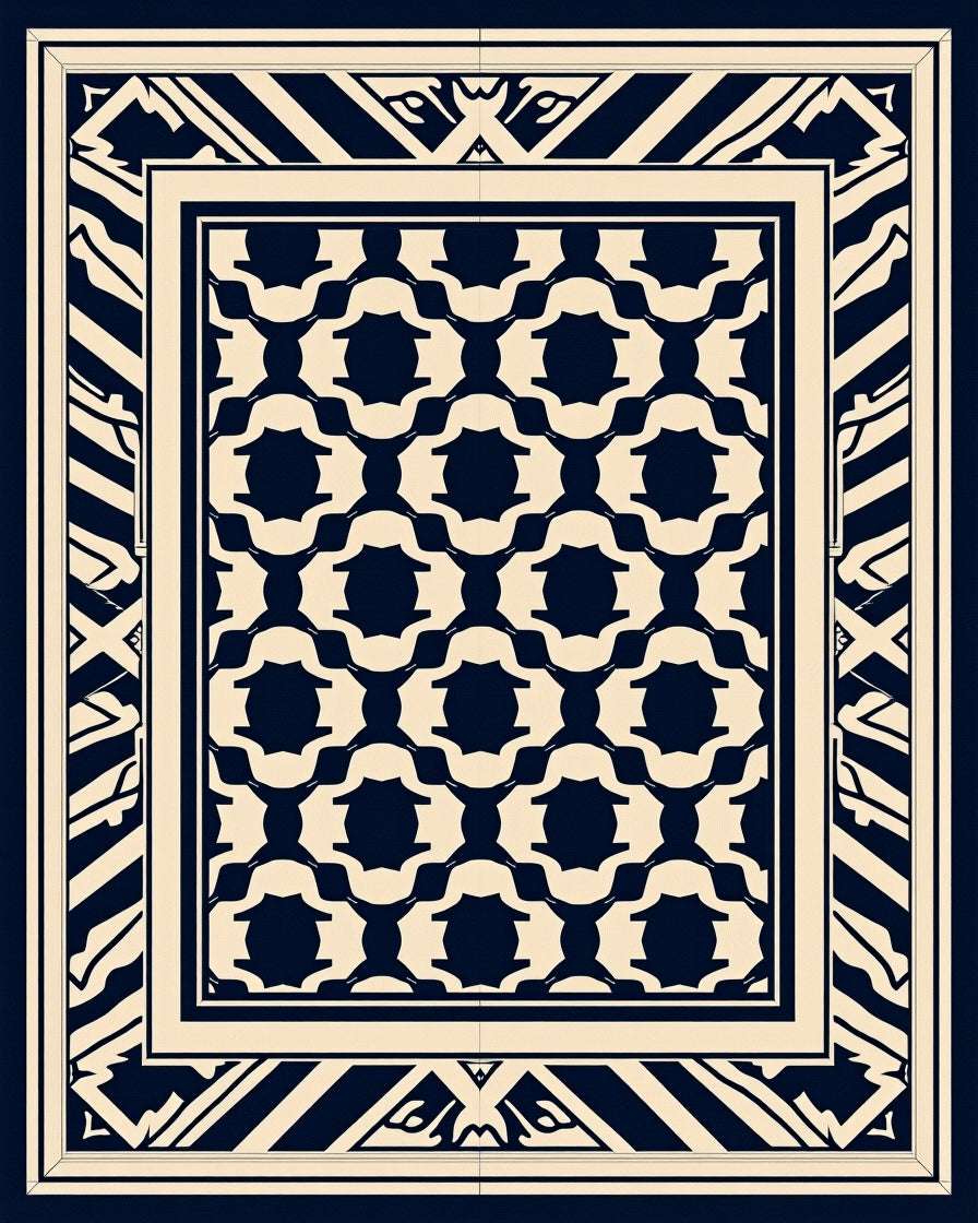 Dark Navy Cream Geometric Pattern Rug