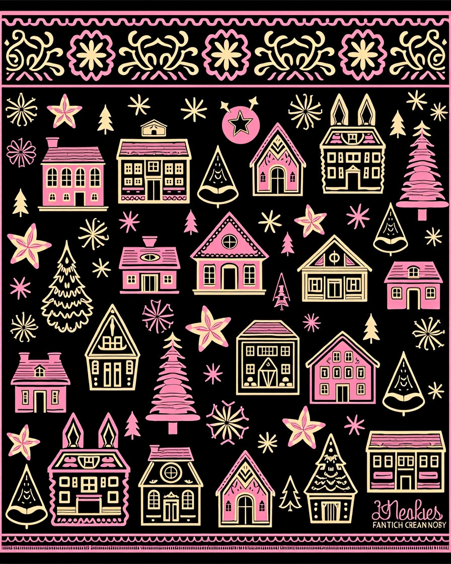Whimsical Pink Village Snowflake Illustration Rug