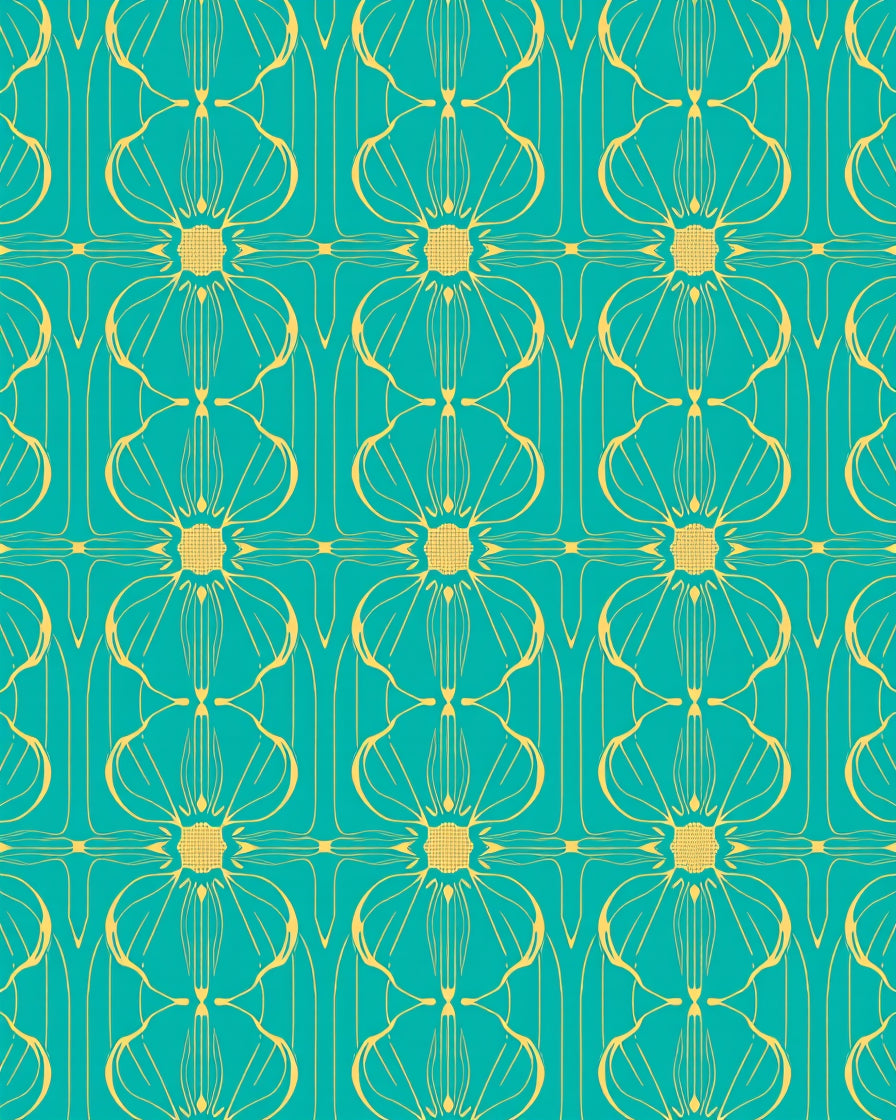 Turquoise Gold Floral Art Deco Pattern Rug