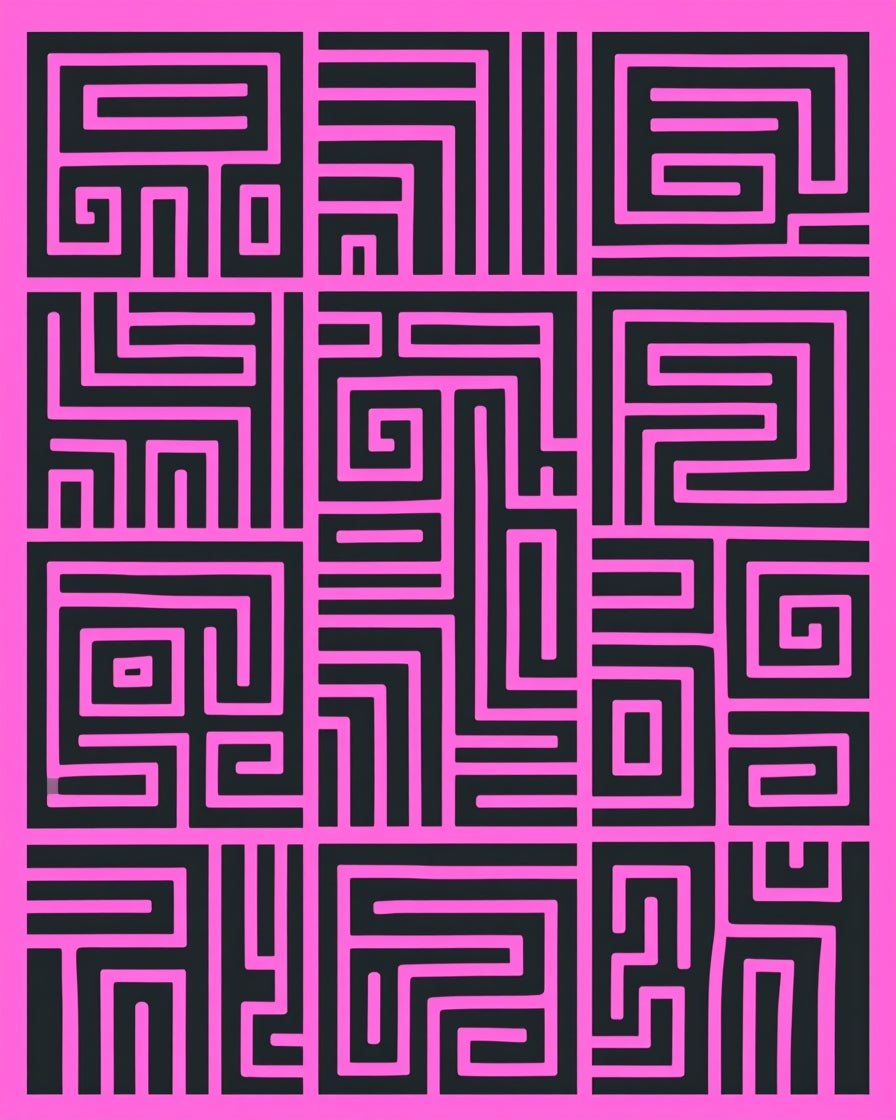 Contrasting Pink Black Maze Pattern Rug