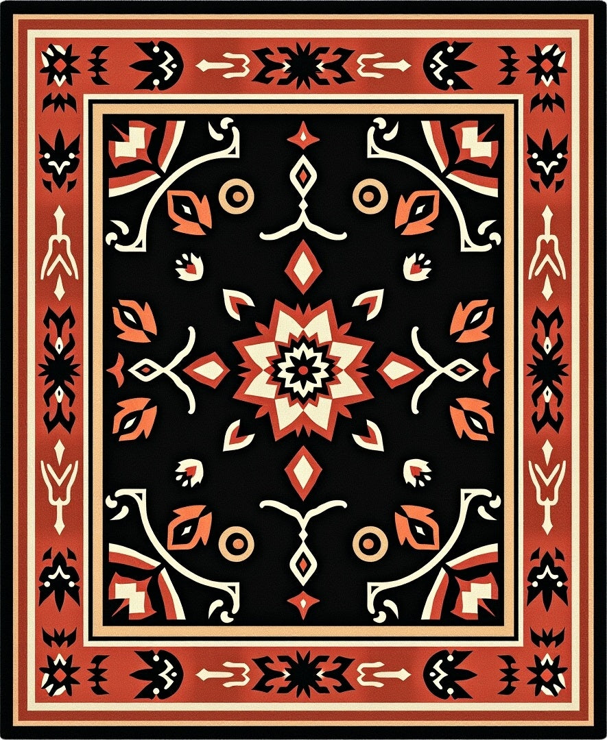 Ornate Black Geometric Floral Pattern Rug