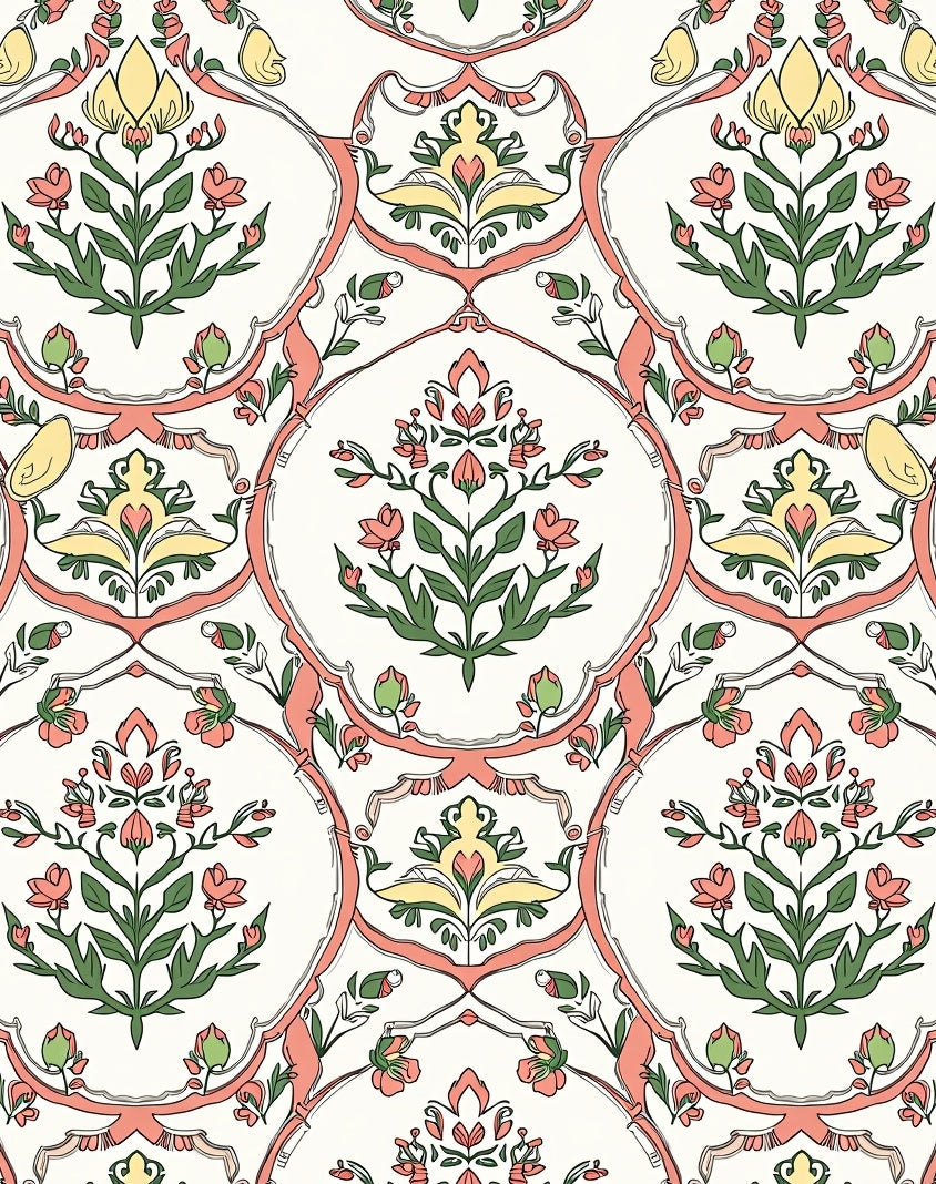 Floral Medallion Coral Yellow Pattern Rug