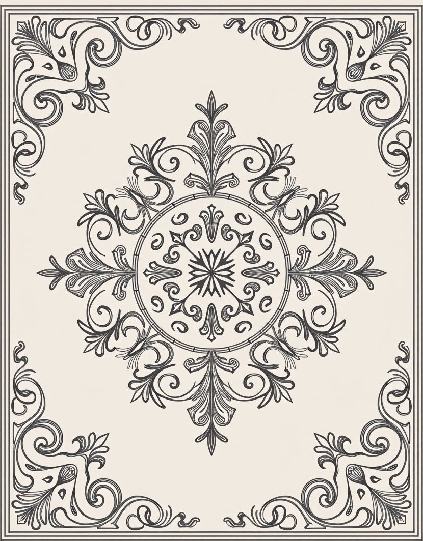 Ornate Scrollwork Central Medallion Style Rug